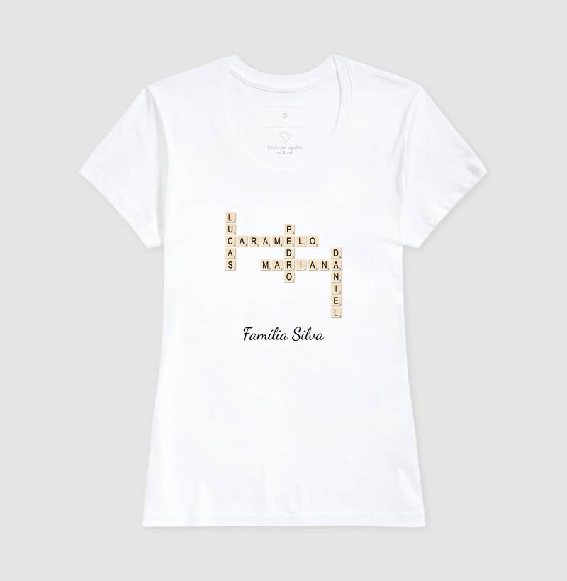 Camiseta Personalizada com Nomes da Família – Palavra-Cruzada