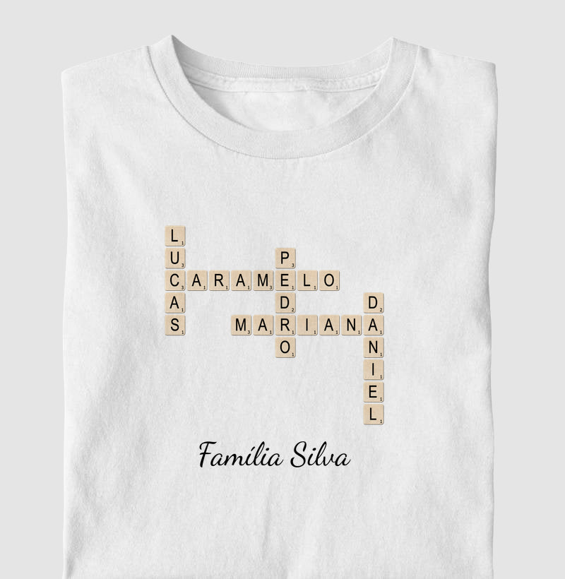 Camiseta Personalizada com Nomes da Família – Palavra-Cruzada
